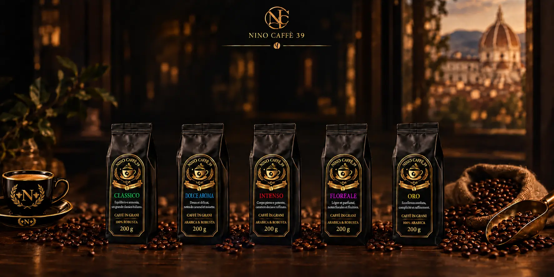 Offre découverte Nino Caffè 39 avec cinq cafés de 200 g et tasse Premier Empire