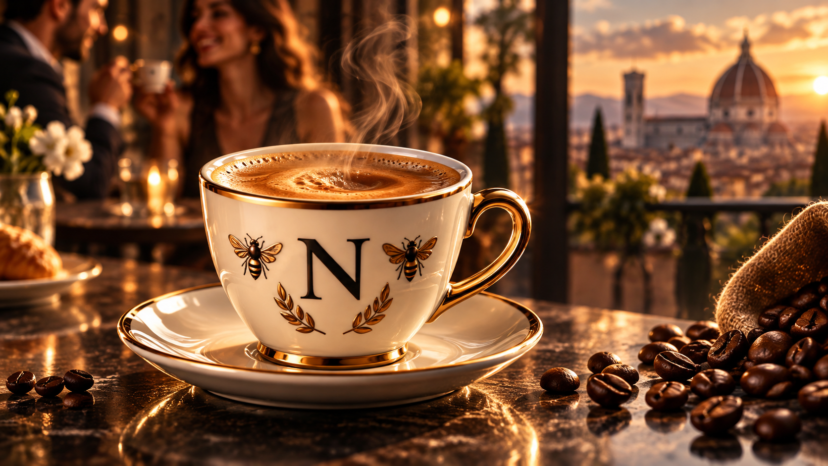 Tasse Nino Caffè 39 avec espresso crémeux, monogramme N, lauriers et deux abeilles