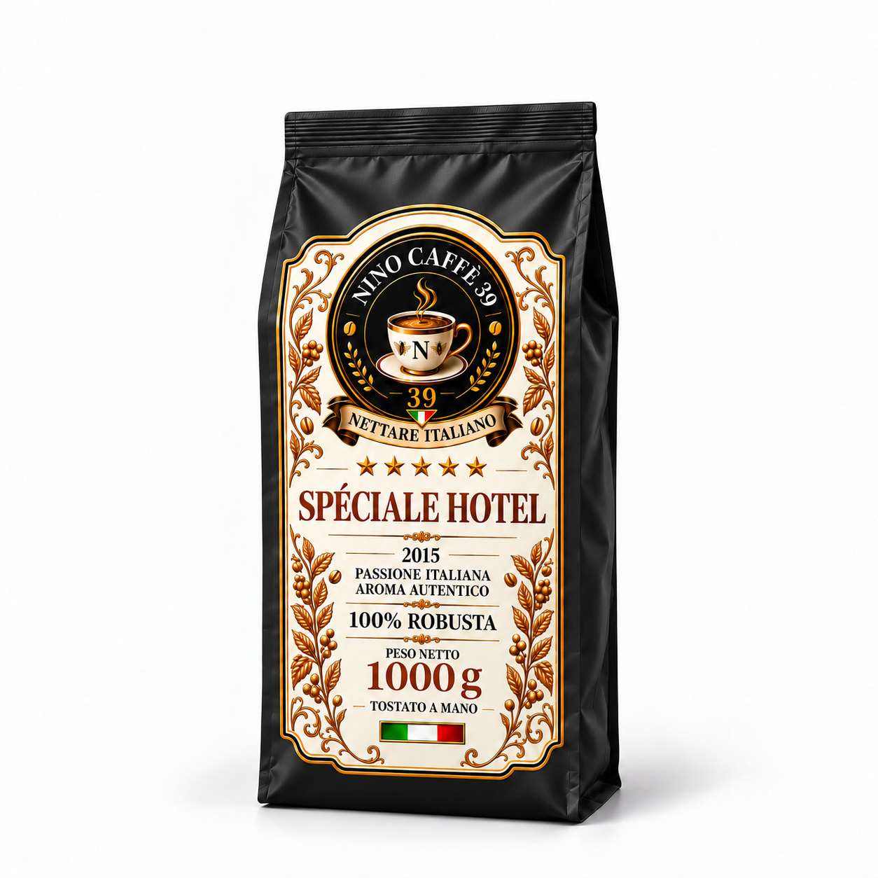 Paquet noir Nino Caffè 39 Speciale Hotel 1 000 g, étiquette crème et or, café 100 % robusta